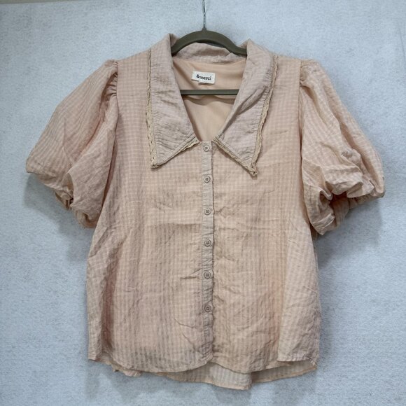 &merci Shirt Womens Large Beige Puff Sleeve Button-Up Collared Basic Polyester - Picture 1 of 9